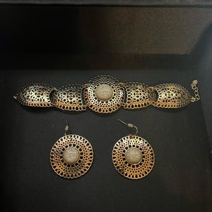 Gold tone and taupe bracelet and earrings